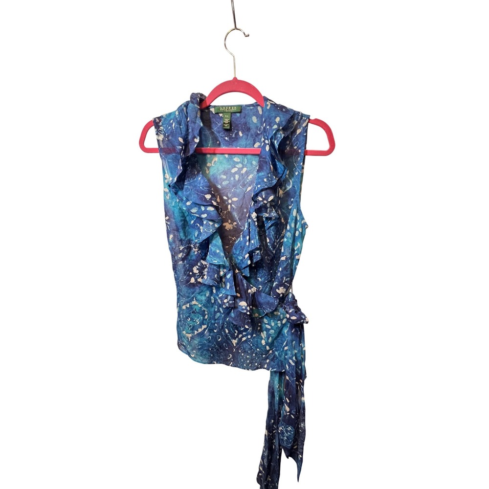 Lauren Ralph Lauren Petite Blue Sheer Silk Ruffle Sleeveless Wrap‎ Blouse Top